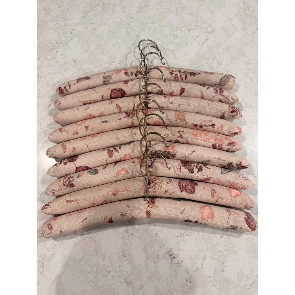 Vintage Padded Satin Clothes Hangers Set of 9 Floral Botanical Pink Gold Hook